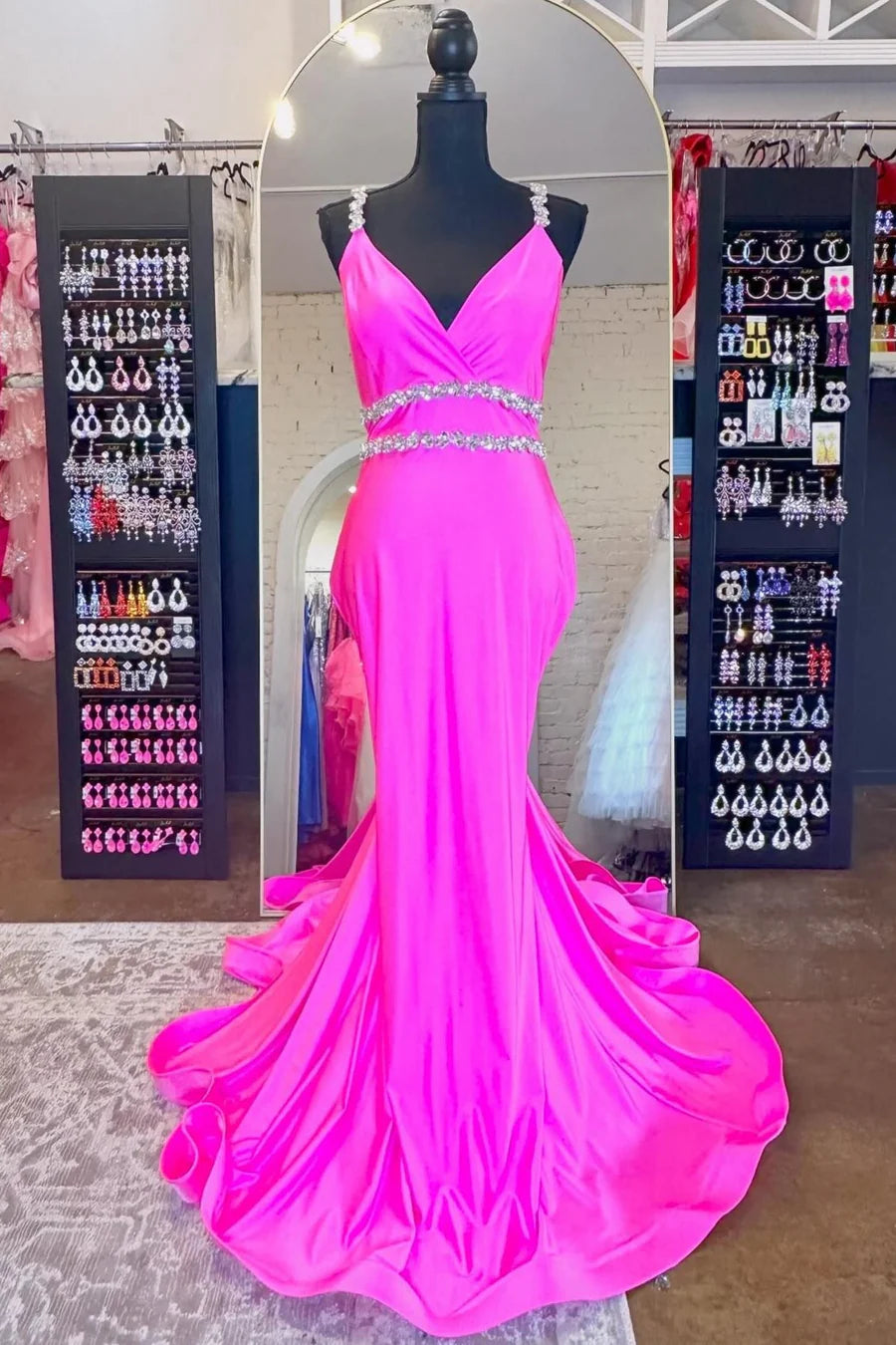 V-Neck Spaghetti Straps Beaded Open Back Prom Dress