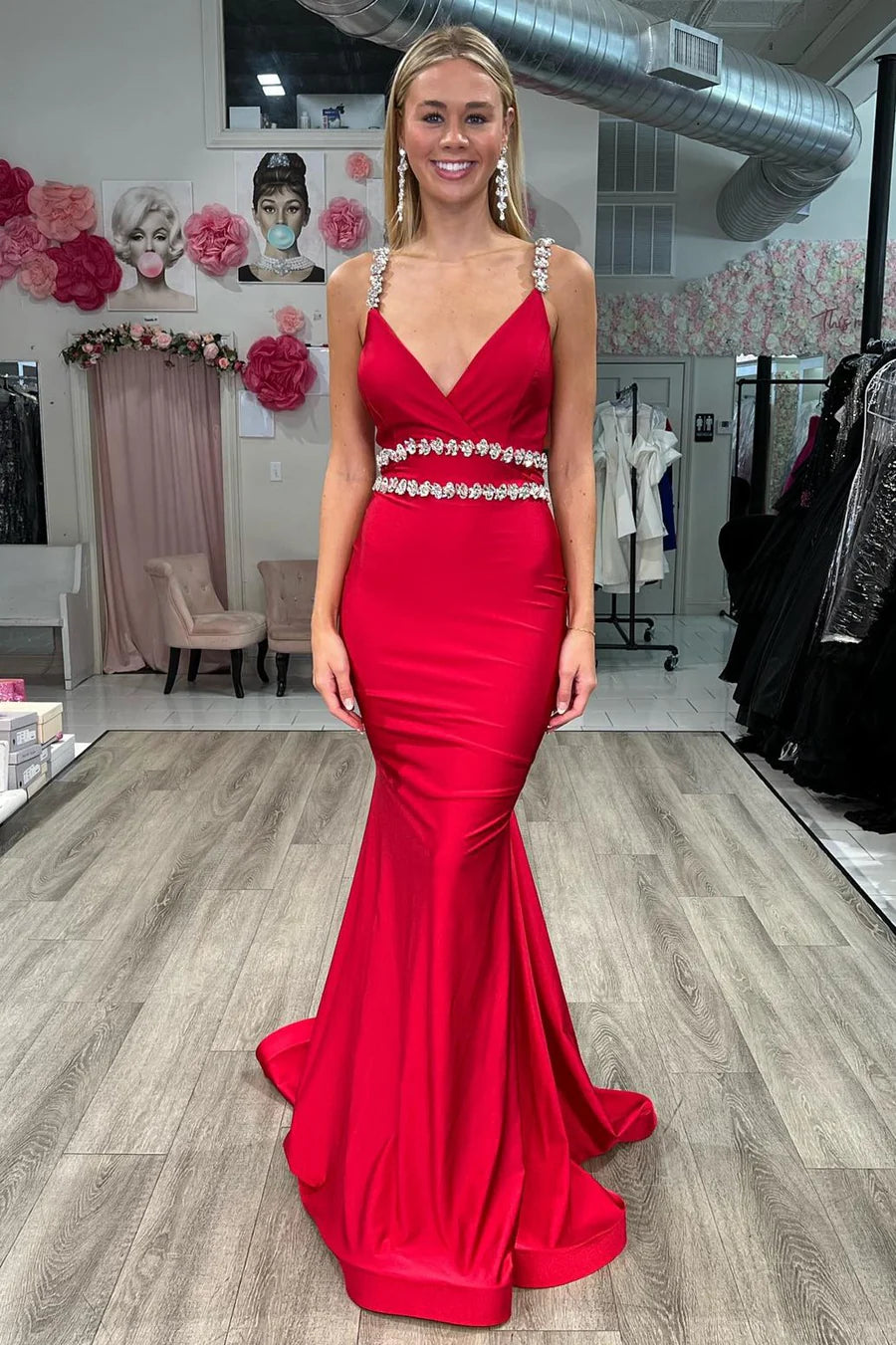 V-Neck Spaghetti Straps Beaded Open Back Prom Dress