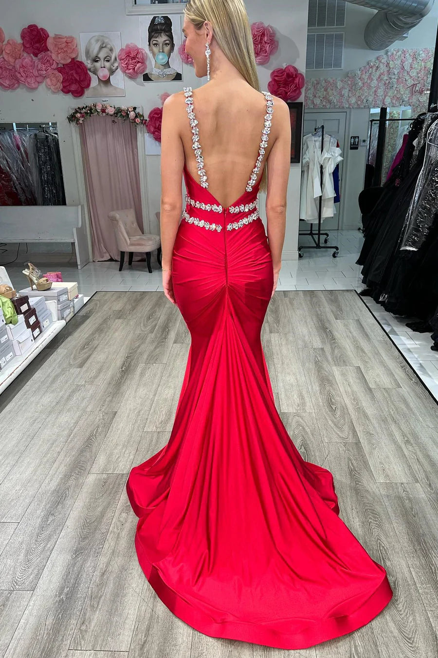 V-Neck Spaghetti Straps Beaded Open Back Prom Dress