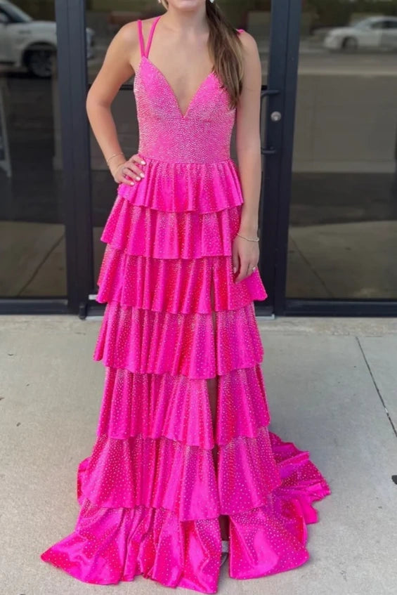 V-Neck Spaghetti Straps Beaded Tiered Long Party Prom Dress