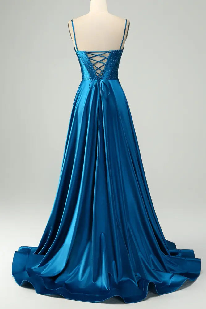 V-Neck Spaghetti Straps Beaded With Side Slit Prom Dress