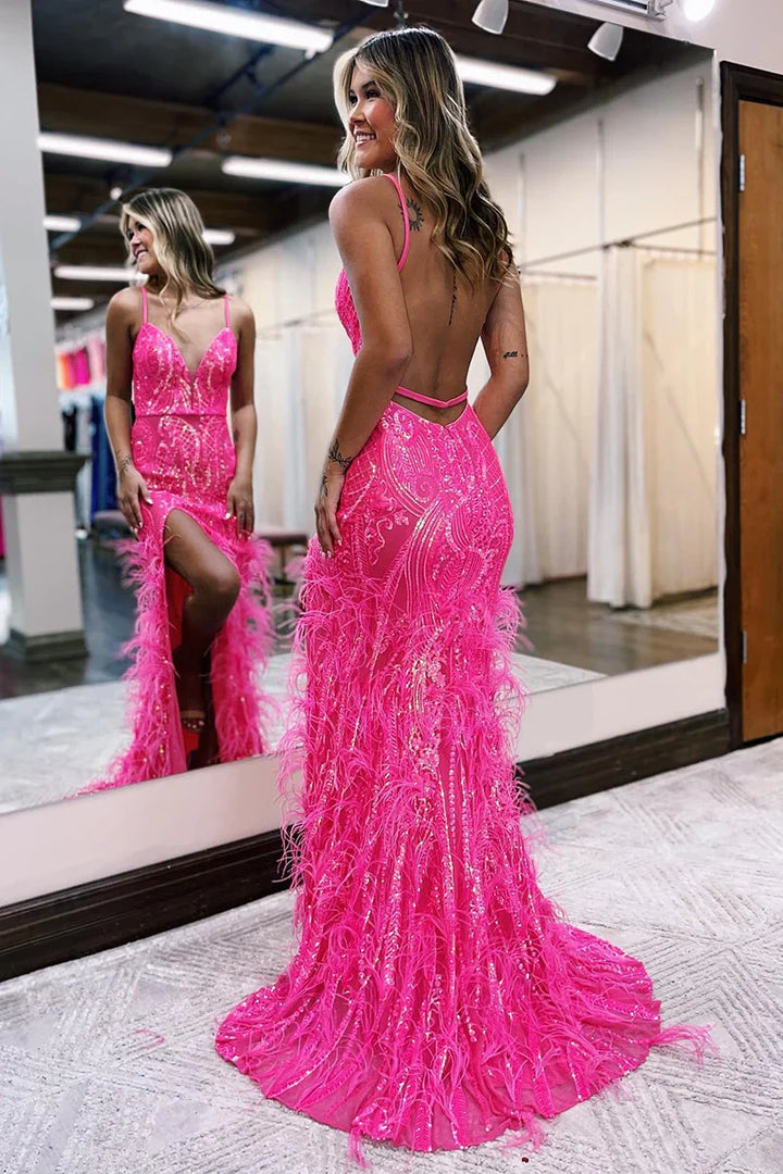 V-Neck Spaghetti Straps Feathers Appliques With Side Slit Prom Dress