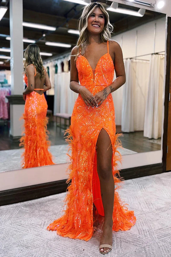 V-Neck Spaghetti Straps Feathers Appliques With Side Slit Prom Dress