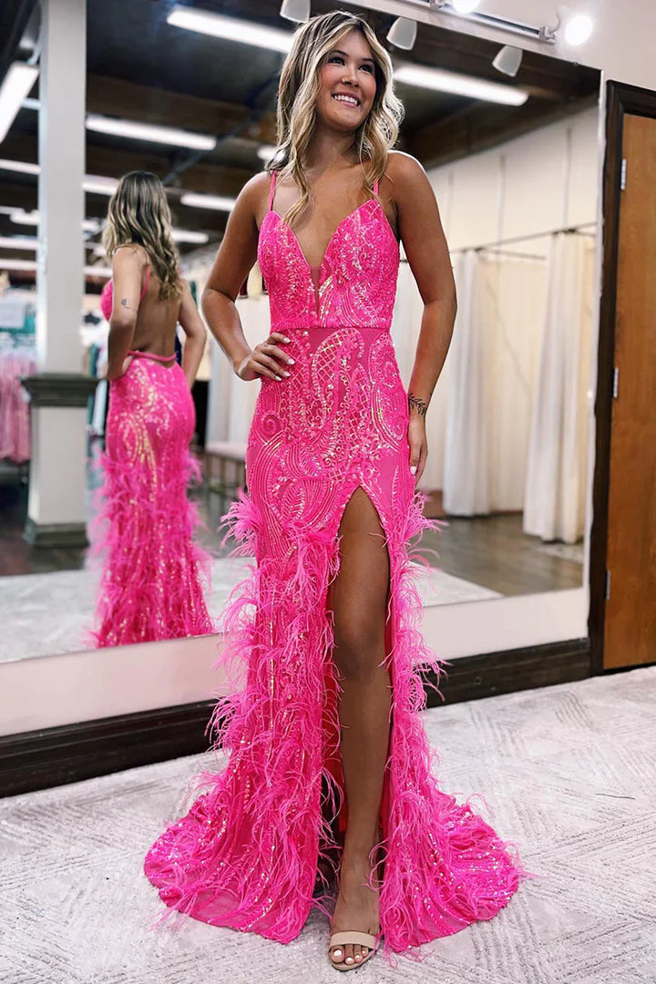 V-Neck Spaghetti Straps Feathers Appliques With Side Slit Prom Dress