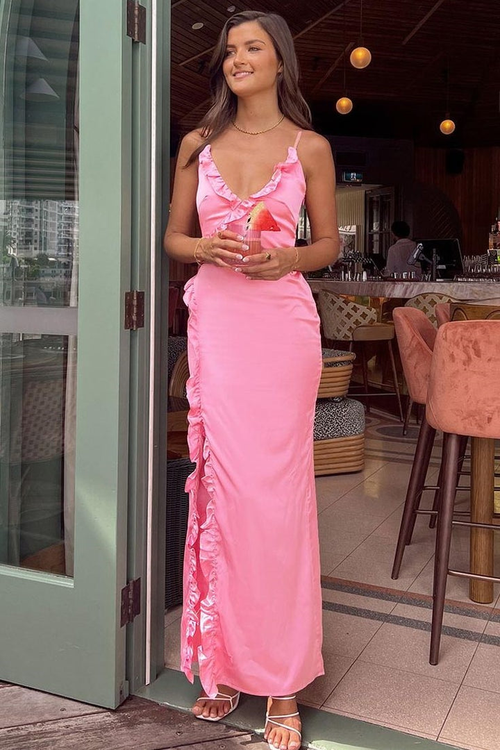 V-Neck Spaghetti Straps Fitted Party Prom Dress With Slit