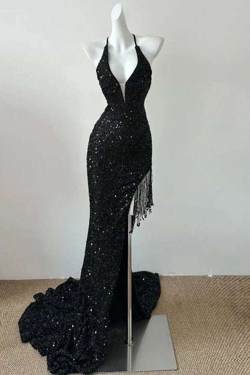 V-Neck Spaghetti Straps Fully Sequins Mermaid Party Prom Dress