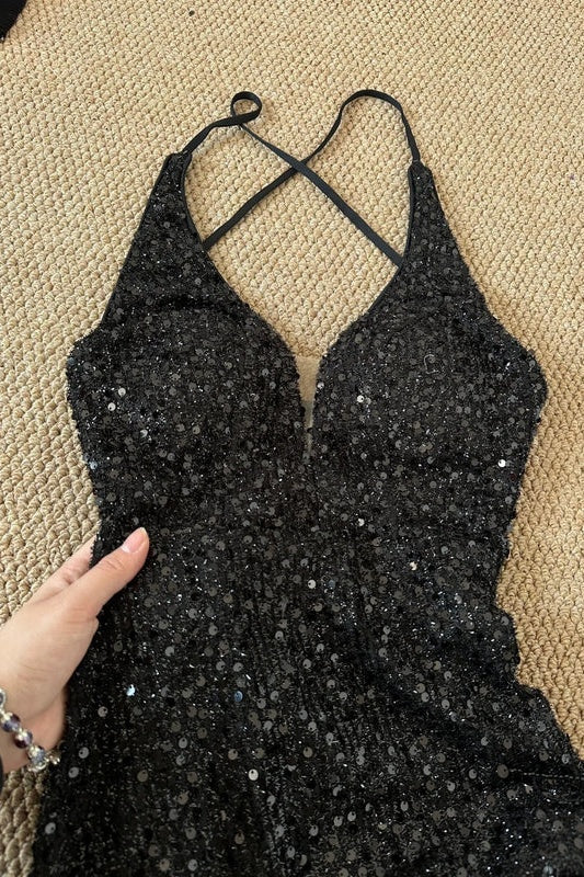V-Neck Spaghetti Straps Fully Sequins Mermaid Party Prom Dress