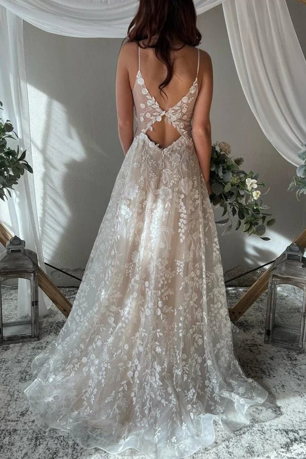 V-Neck Spaghetti Straps Lace Appliques With Train Wedding Dress