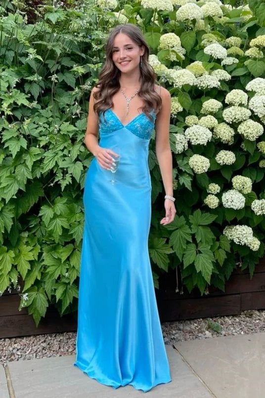 V-Neck Spaghetti Straps Lace Up Long Party Prom Dress