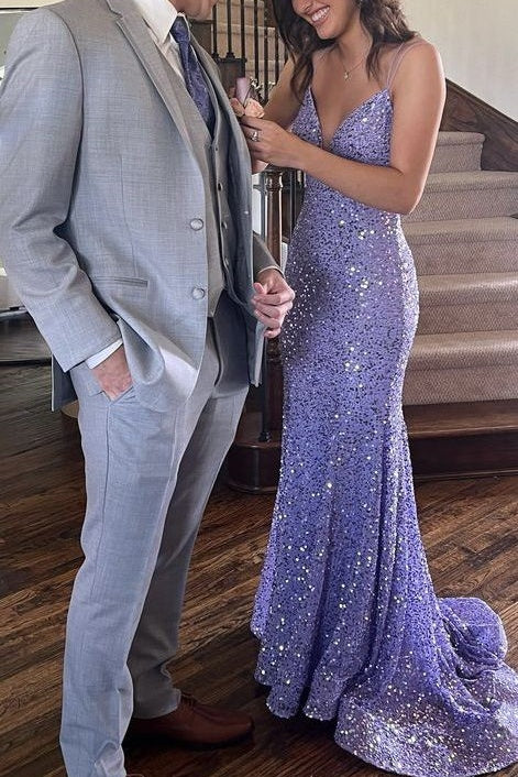 V-Neck Spaghetti Straps Mermaid Sequins Party Prom Dress With Train