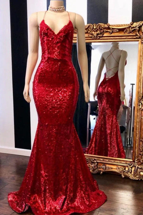 V-Neck Spaghetti Straps Mermaid Sequins Prom Dress For Black Girls