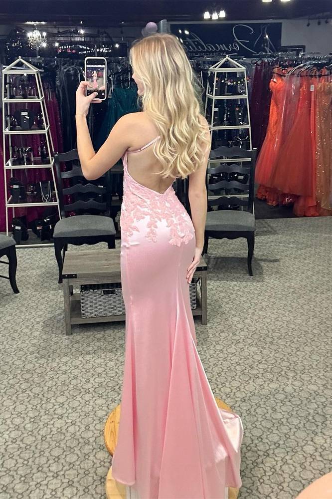 V-Neck Spaghetti Straps Open Back Appliques Mermaid Party Dress