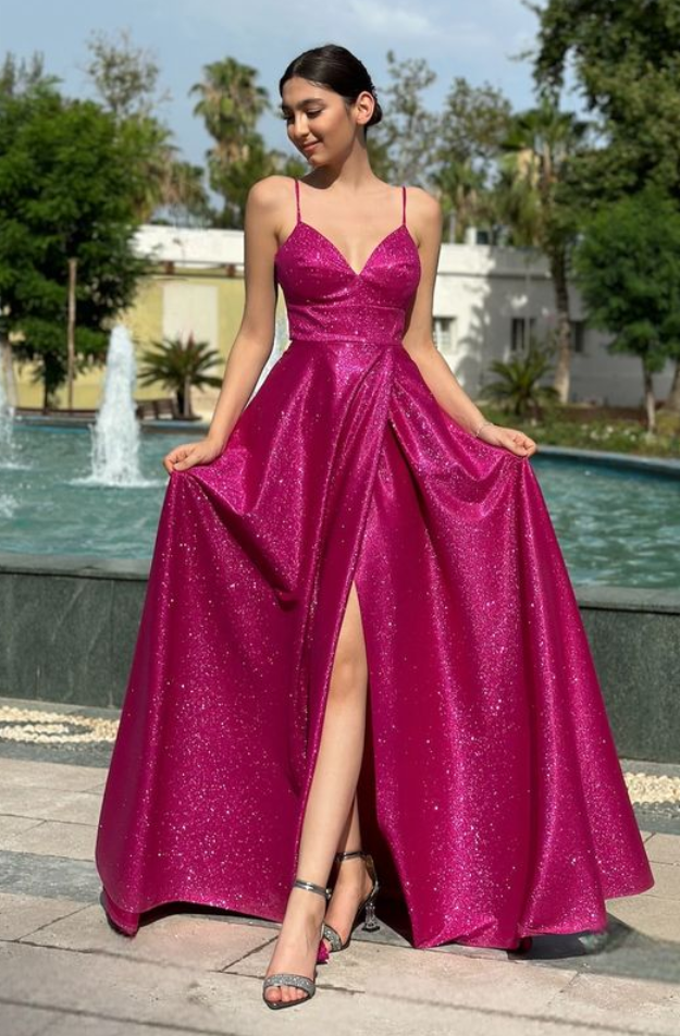 V-Neck Spaghetti Straps Satin A-Line Sparkly Long Prom Dress