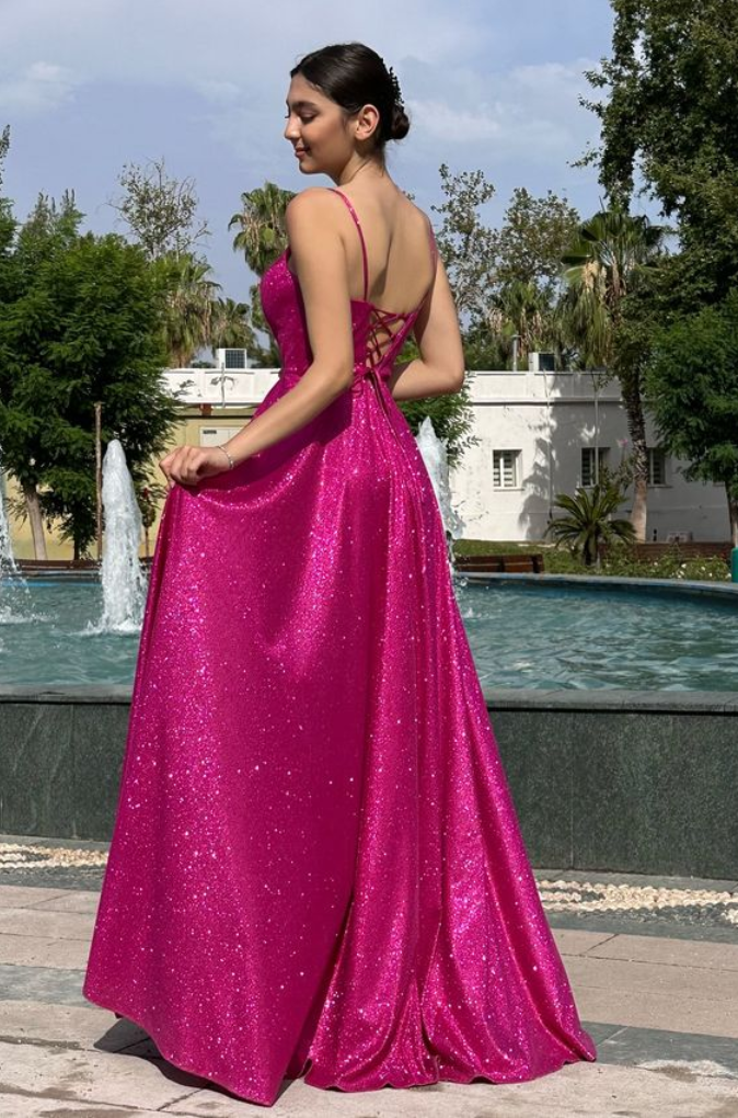 V-Neck Spaghetti Straps Satin A-Line Sparkly Long Prom Dress