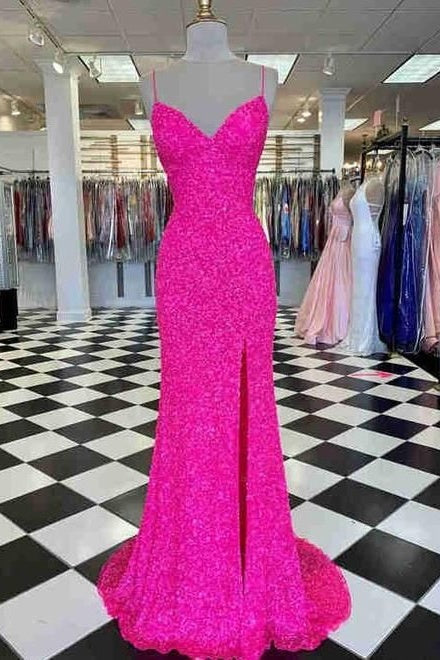 V-Neck Spaghetti Straps Sequins Prom Dress With Side Slit