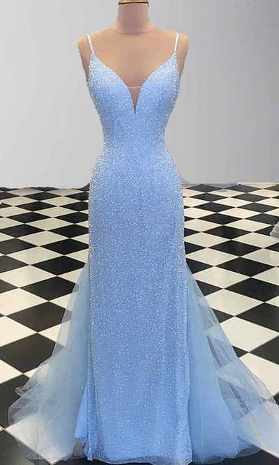 V-Neck Spaghetti Straps Sheath Prom Dress With  Tulle Train