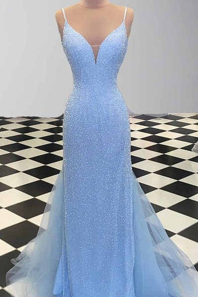 V-Neck Spaghetti Straps Sheath Prom Dress With  Tulle Train