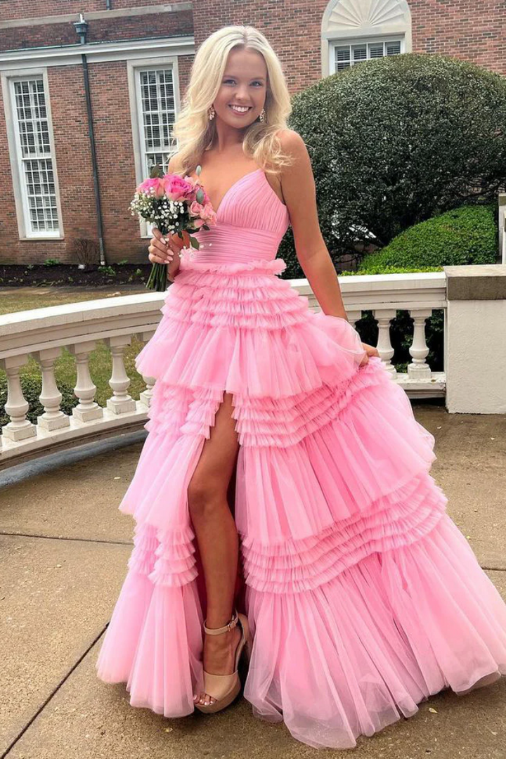 V-Neck Spaghetti Straps Tiered Tulle A-Line Long Prom Dress