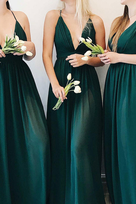 Simple V-Neck Spaghetti Straps Satin A-Line Bridesmaid Dress