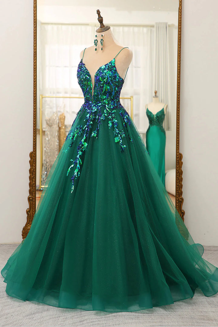 V-Neck Spaghetti Straps Tulle A-Line Sequins Appliques Prom Dress