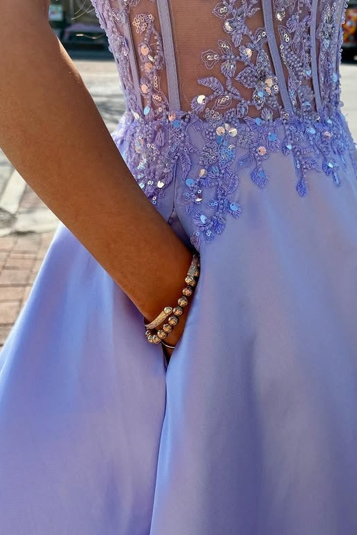 V-Neck Strapless Backless A-Line Apliques Satin Party Prom Dress