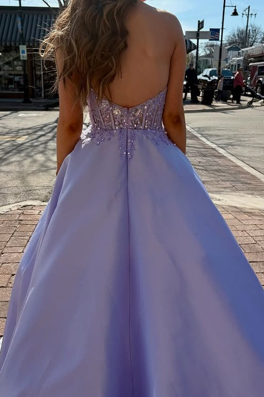 V-Neck Strapless Backless A-Line Apliques Satin Party Prom Dress