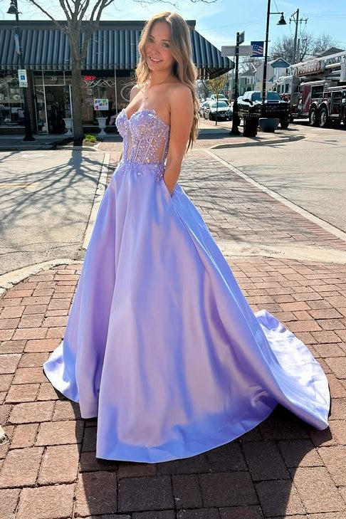V-Neck Strapless Backless A-Line Apliques Satin Party Prom Dress