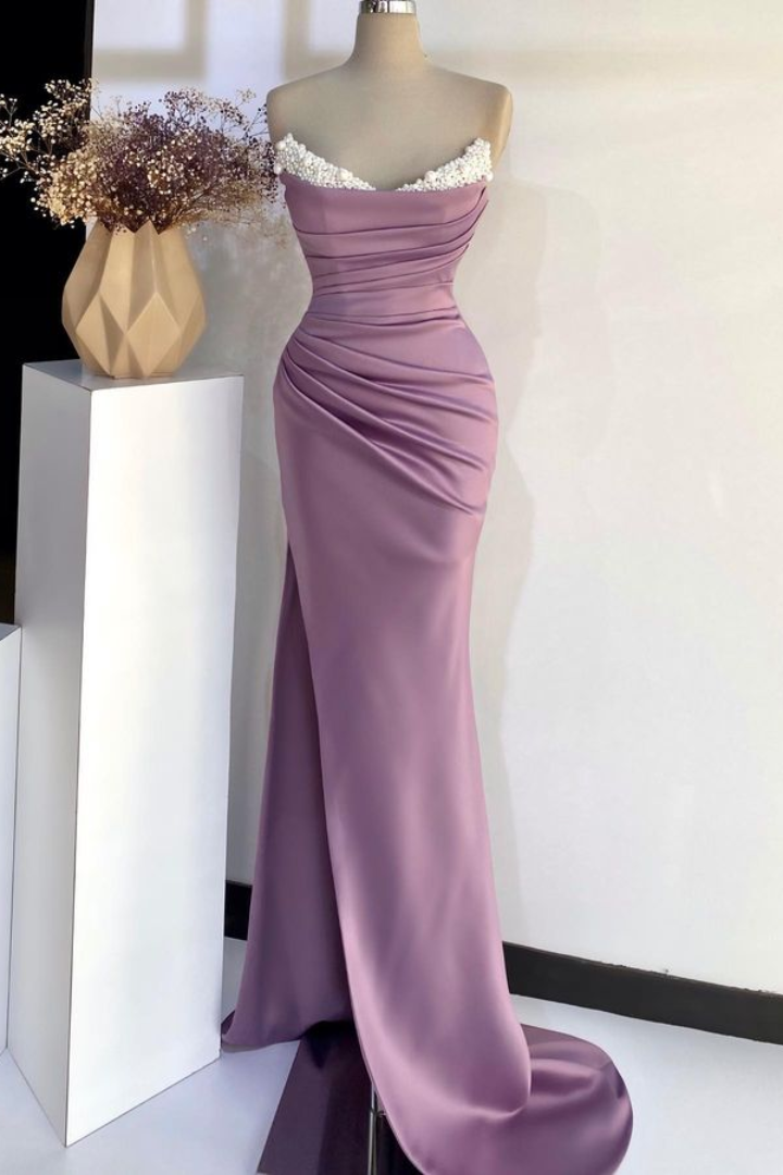 V-Neck Strapless Empire Draped With Side Slit Long Prom Dress