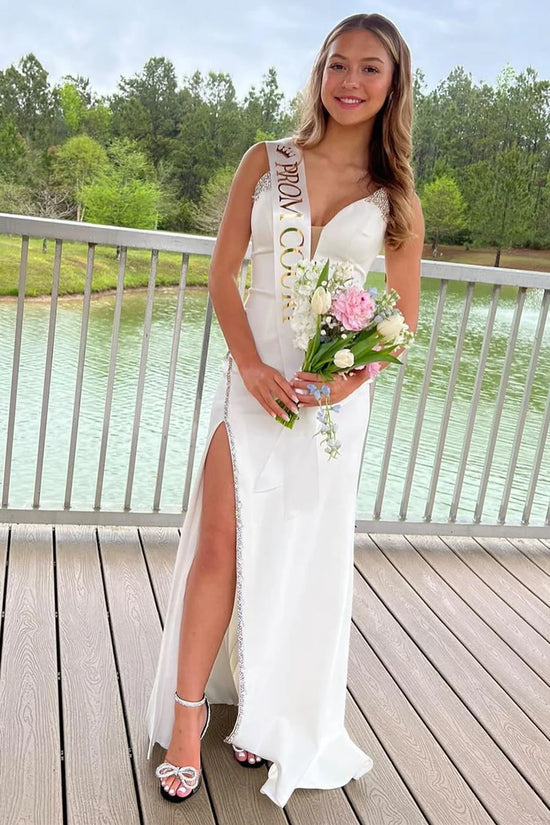 V-Neck Strapless Empire With Side Slit Beaded Prom Dress