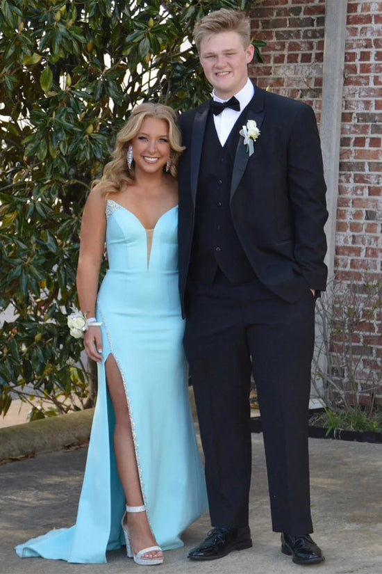 V-Neck Strapless Empire With Side Slit Beaded Prom Dress