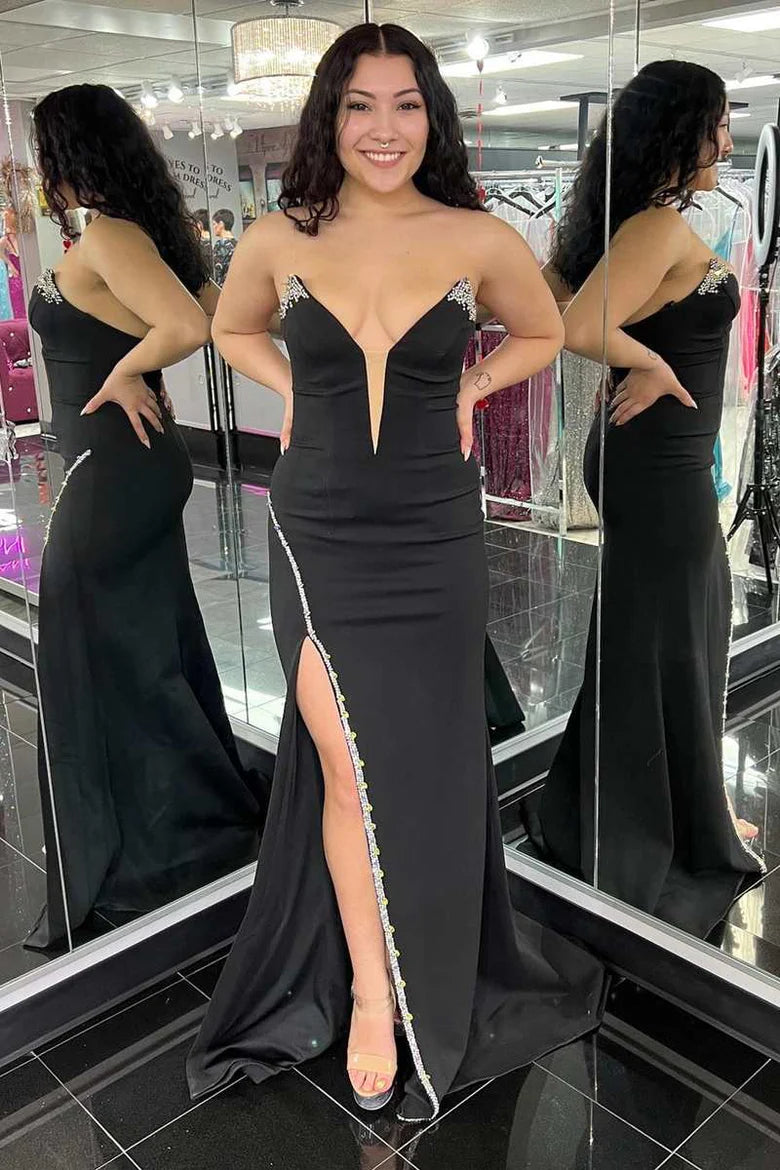 V-Neck Strapless Empire With Side Slit Beaded Prom Dress