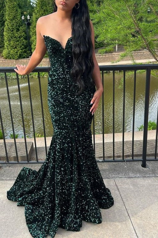 V-Neck Strapless Fully Sequins Trumpet Party Prom Dress