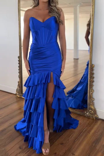 V-Neck Strapless Satin Tiered Royal Blue Prom Dress