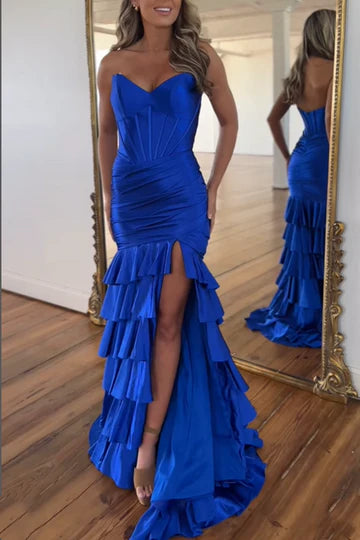 V-Neck Strapless Satin Tiered Royal Blue Prom Dress