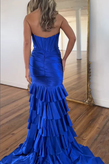 V-Neck Strapless Satin Tiered Royal Blue Prom Dress