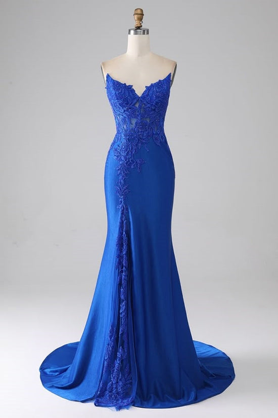 V-Neck Strapless Satin Trumpet Appliques With Train Prom Dress