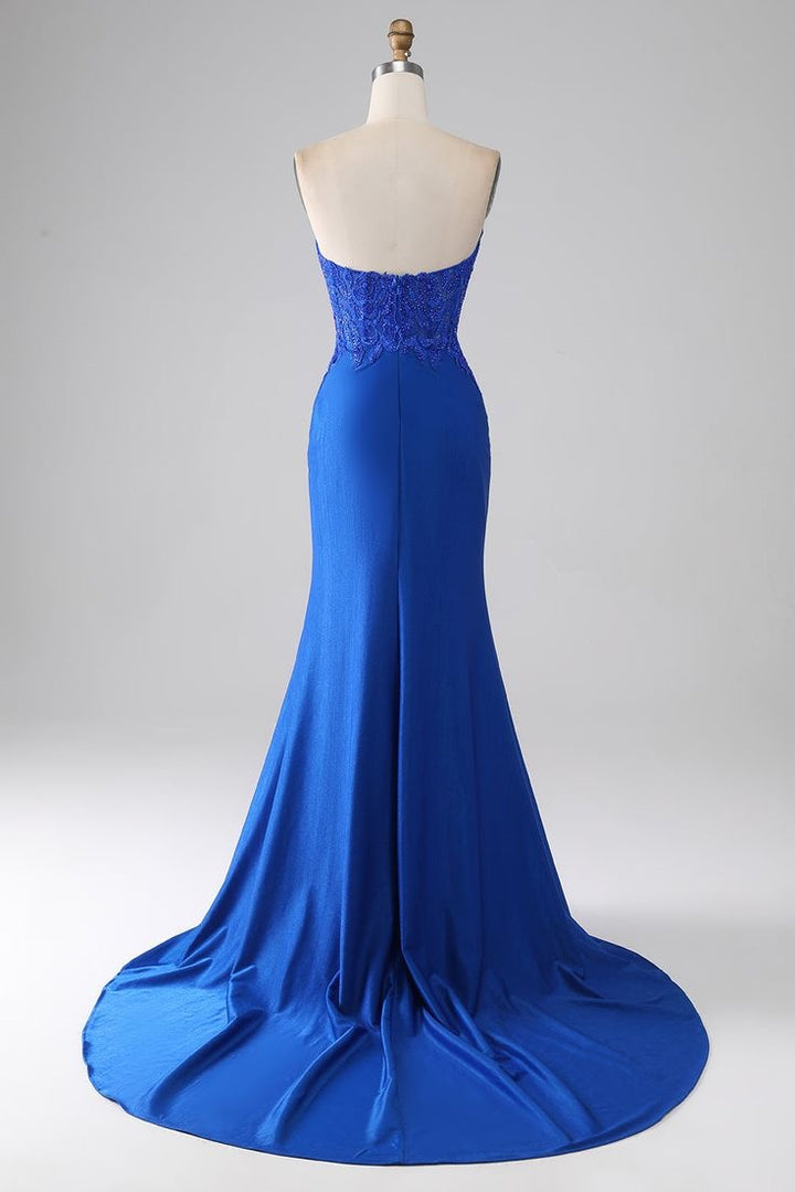 V-Neck Strapless Satin Trumpet Appliques With Train Prom Dress