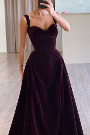 Velvet A-Line Sweetheart Spaghetti Straps Empire Prom Dress