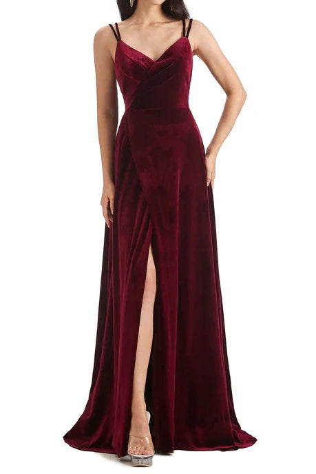 Velvet A-Line V-Neck Sleeveless Burgundy Bridesmaid Dress