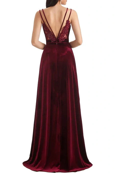 Velvet A-Line V-Neck Sleeveless Burgundy Bridesmaid Dress