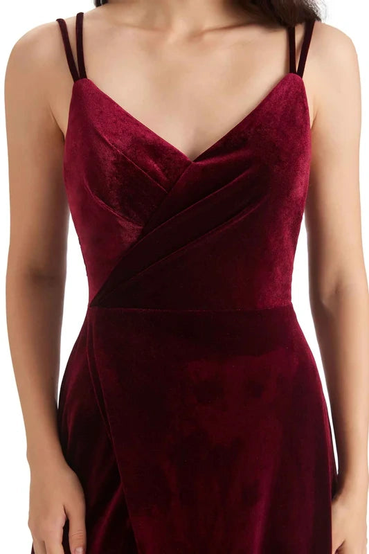 Velvet A-Line V-Neck Sleeveless Burgundy Bridesmaid Dress