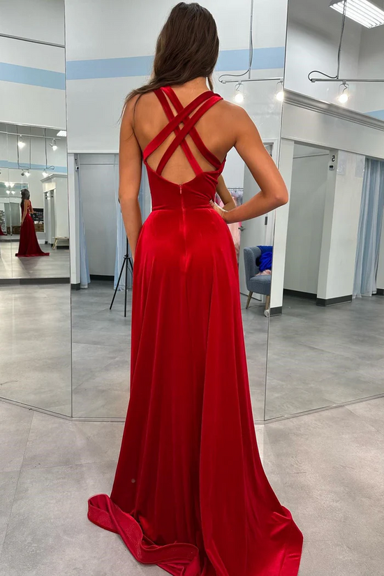 Velvet A-Line V-Neck Sleeveless With Side Slit Prom Dress