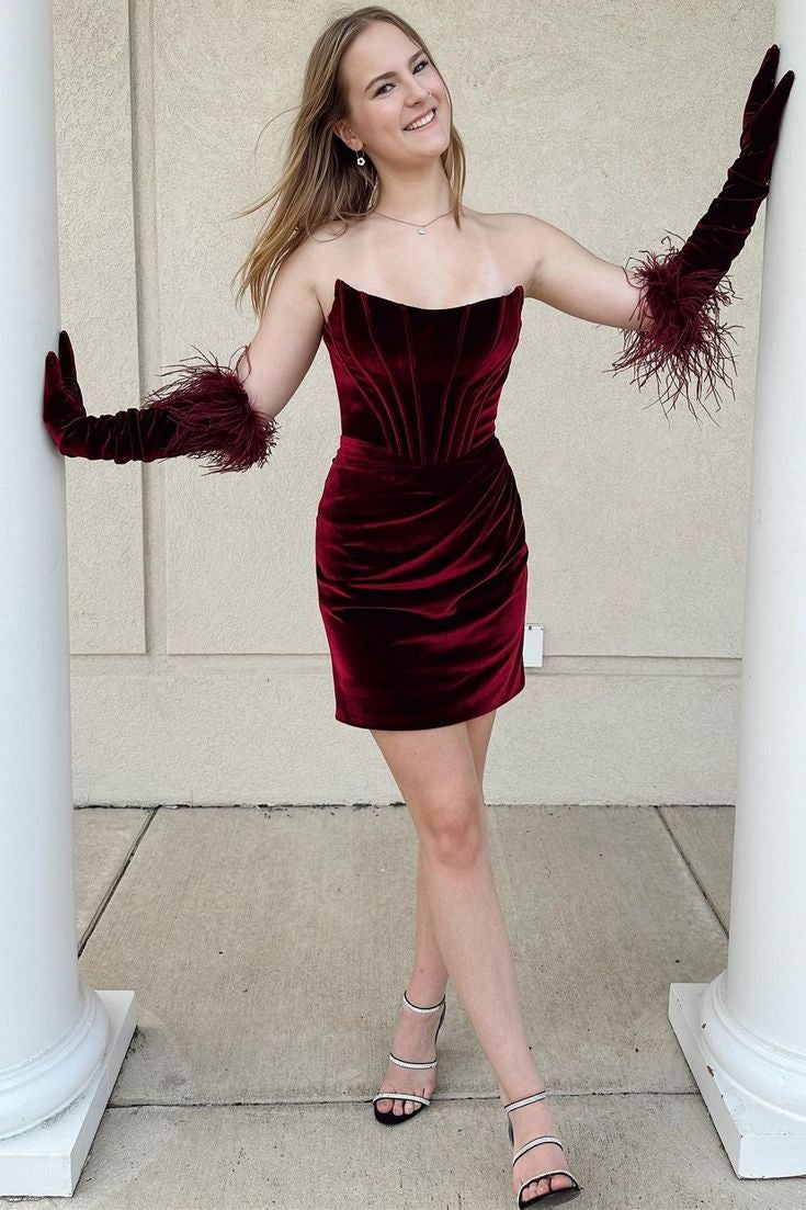 Velvet Fitted Bateau Strapless Empire Homecoming Dress