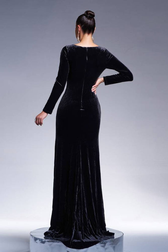 Velvet Long Sleeves Empire Beaded Evening Party Dress With Slit