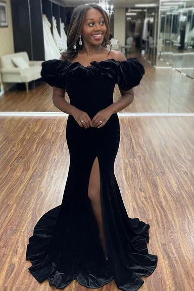 Velvet Mermaid Off-Shoulder Prom Dress With Slit