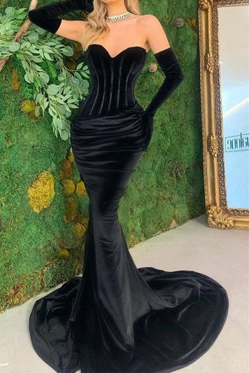 Velvet Mermaid Strapless Ruched Long Formal Dress