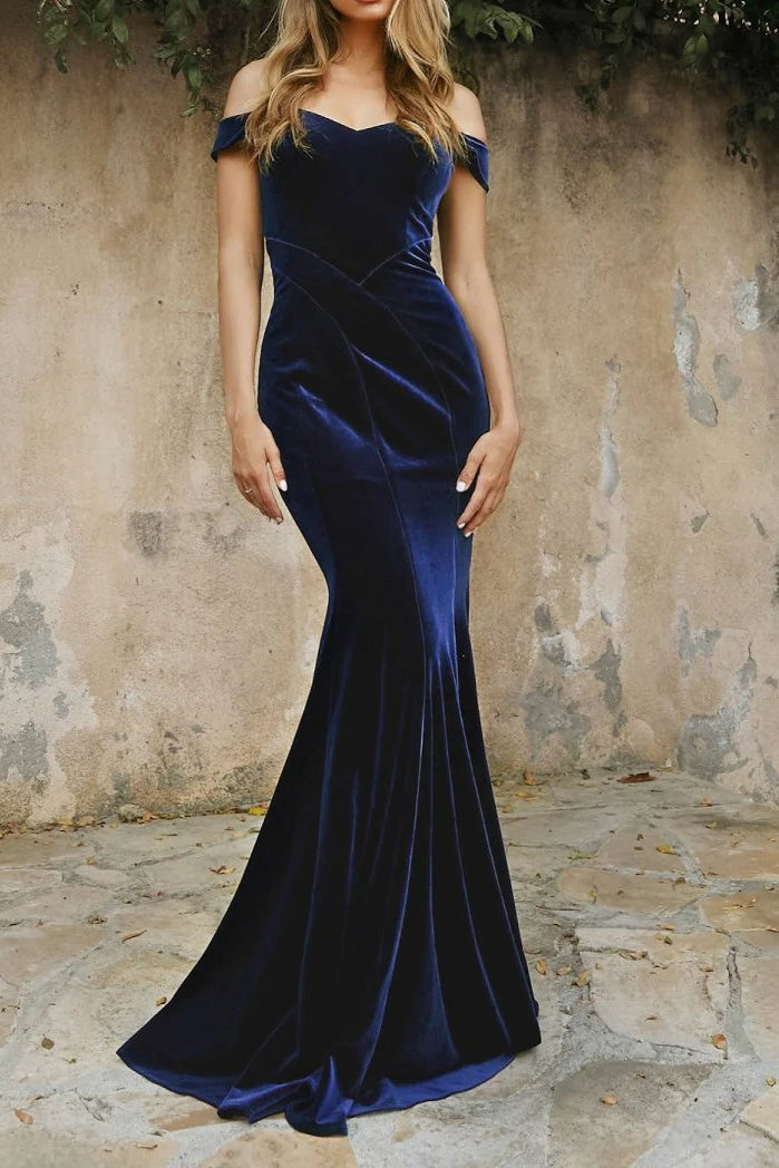 Velvet Off-Shoulder Sleeveless Empire Trumpet Party Prom Dress