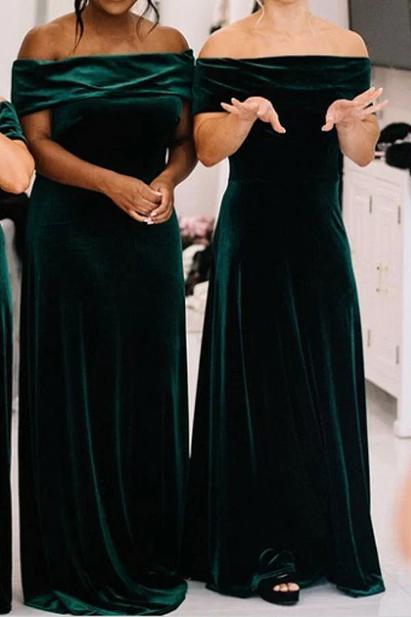 Velvet Off-Shoulder Sleeveless Long Bridesmaid Dress