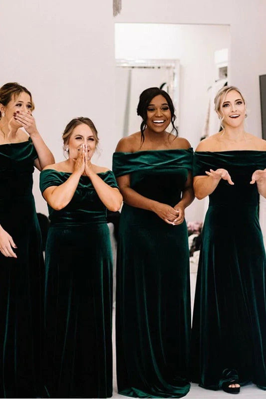 Velvet Off-Shoulder Sleeveless Long Bridesmaid Dress