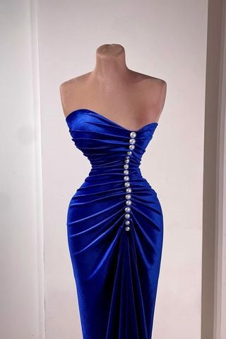 Velvet Trumpet Strapless Ruched Empire With Pearl Long Formal Prom Dress